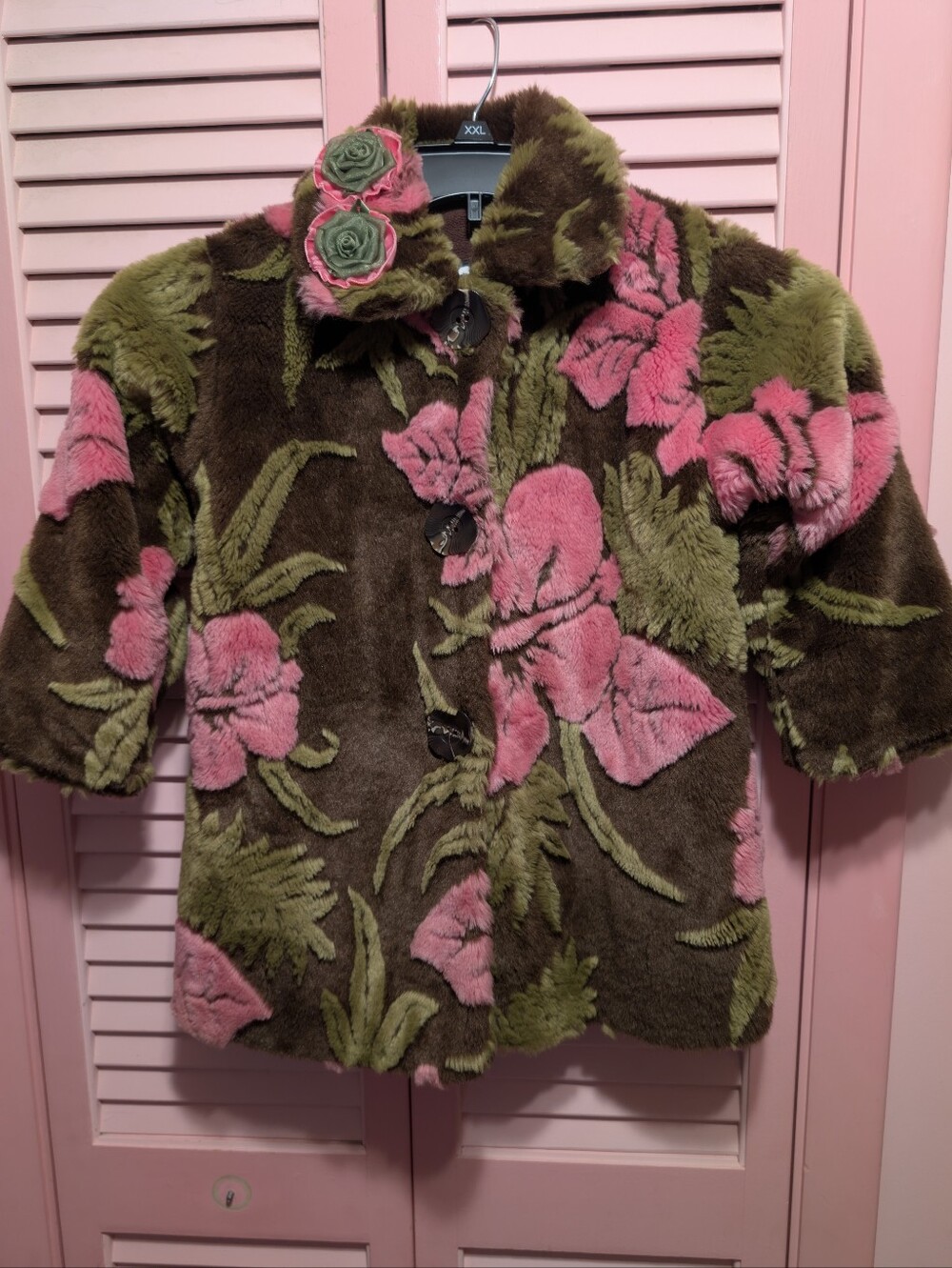 Corky & Company Brown/Pink/Green Floral Print Plush Swing Coat